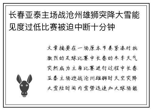 长春亚泰主场战沧州雄狮突降大雪能见度过低比赛被迫中断十分钟 长春亚泰主场战沧州雄狮突降大雪能见度过低比赛被迫中断十分钟