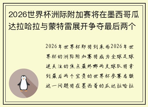 2026世界杯洲际附加赛将在墨西哥瓜达拉哈拉与蒙特雷展开争夺最后两个名额